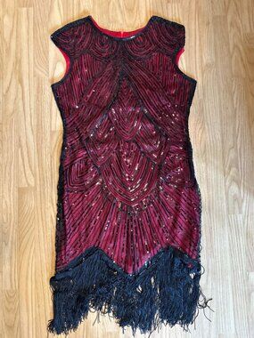 1920s Great Gatsby Flapper Dress XXL Sequin Fringe 7 Piece Costume